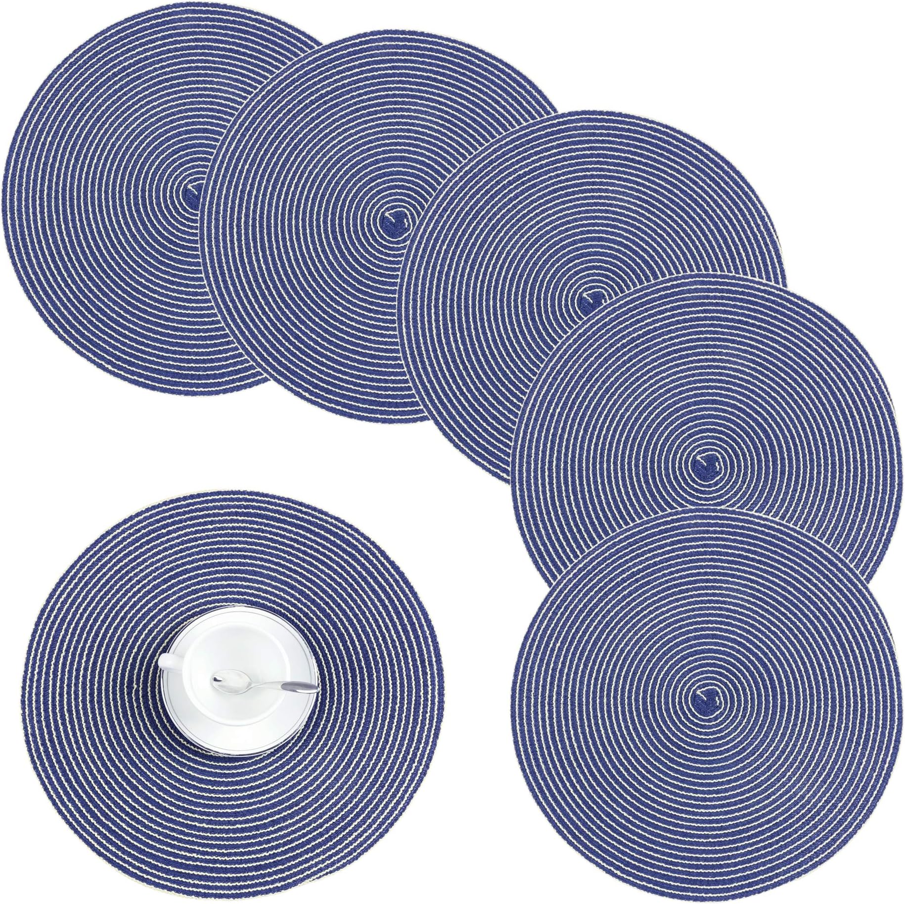 Homcomoda Round Placemats for Dining Table Set of 6 Woven Stain Resistant Table Mats Easy to Clean (Blue)