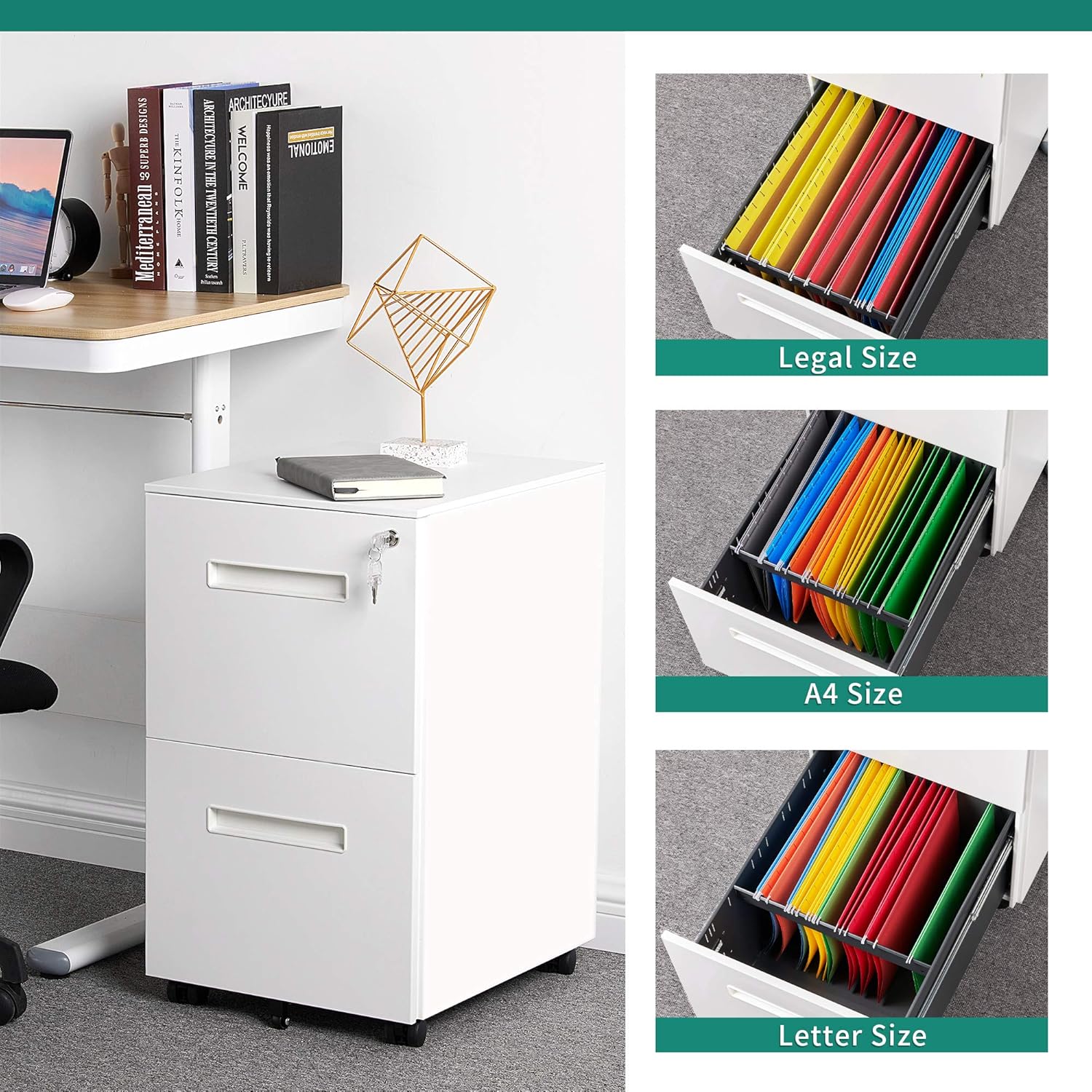 YITAHOME 2-Drawer Mobile File Cabinet with Lock, Office Storage Filing Cabinet for Legal/Letter Size, Pre-Assembled Vertical Metal File Cabinet Except Wheels Under Desk - White: Furniture & Decor
