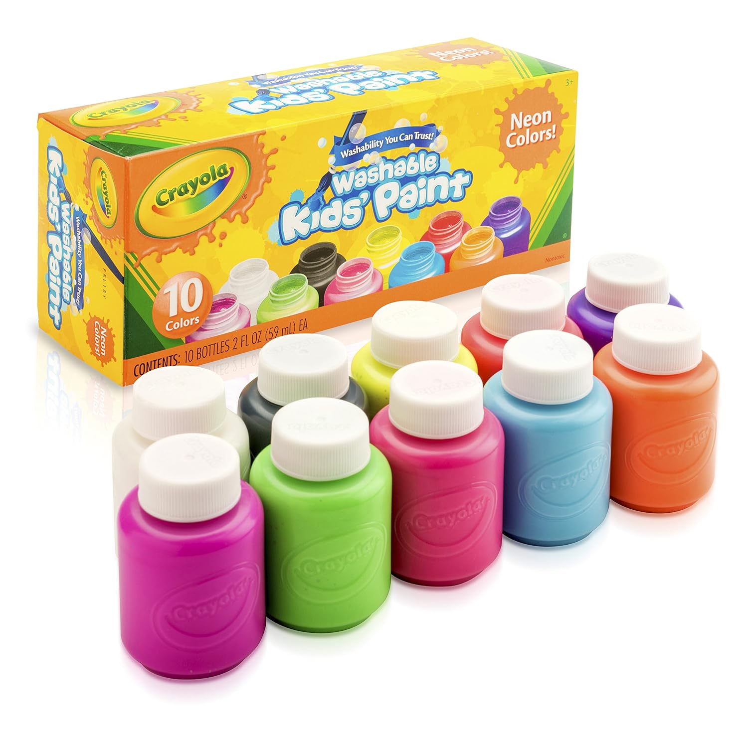 Crayola; Washable Kids’ Paint; Art Tools; Neon Colors; 10 ct. of 2 oz. Bottles; 10 Different Bright, Bold Colors