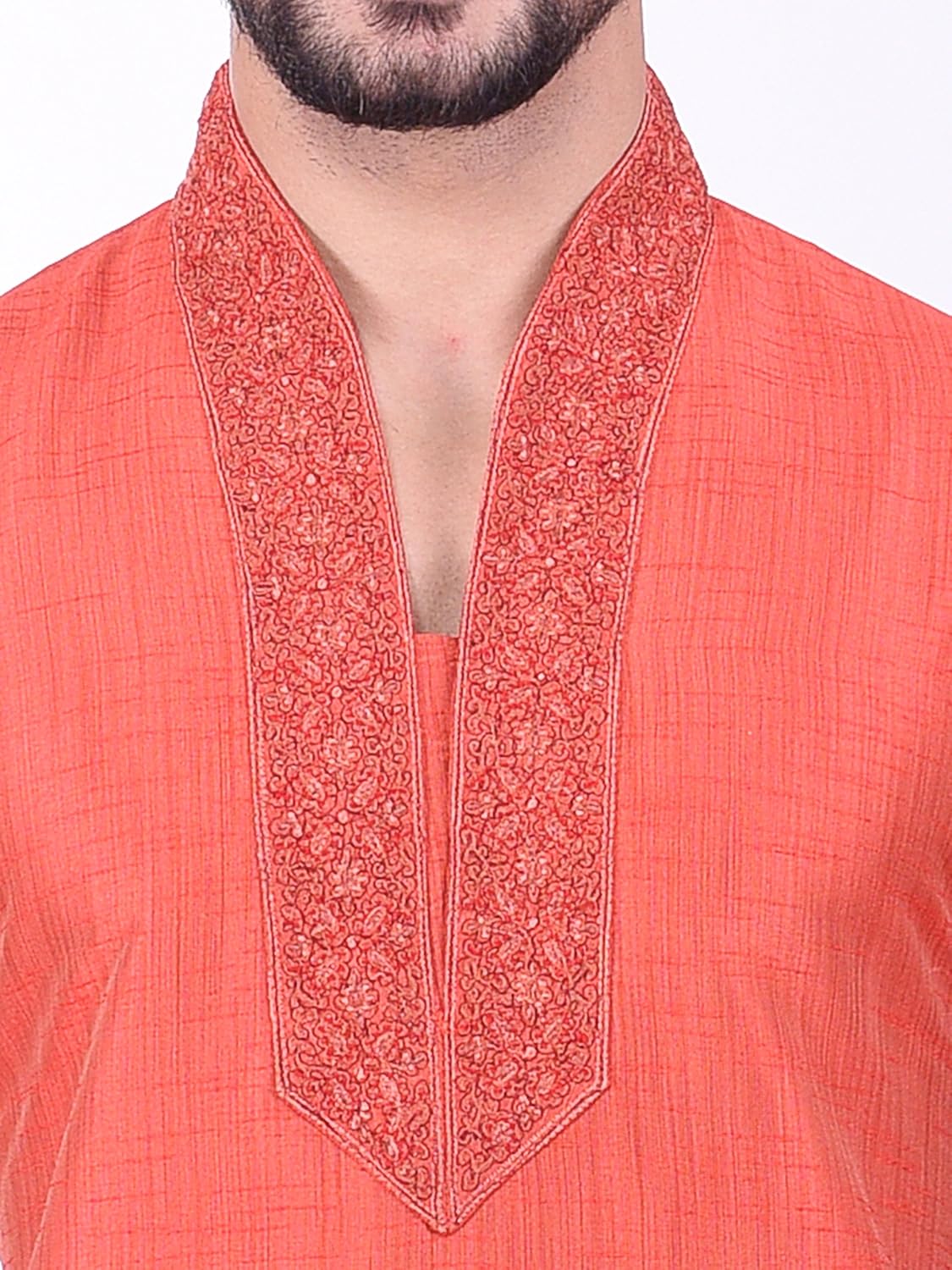 manyavar men's peach full sleeve designer kurta set