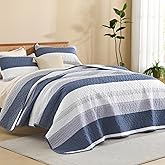 Litanika Quilt King Size Mineral Blue, Stripe Patchwork Summer Bedspread Coverlet 3 Pieces, Soft Lightweight Microfiber Quilted Bedding Set for All Season(1 Quilt, 2 Pillowcases)