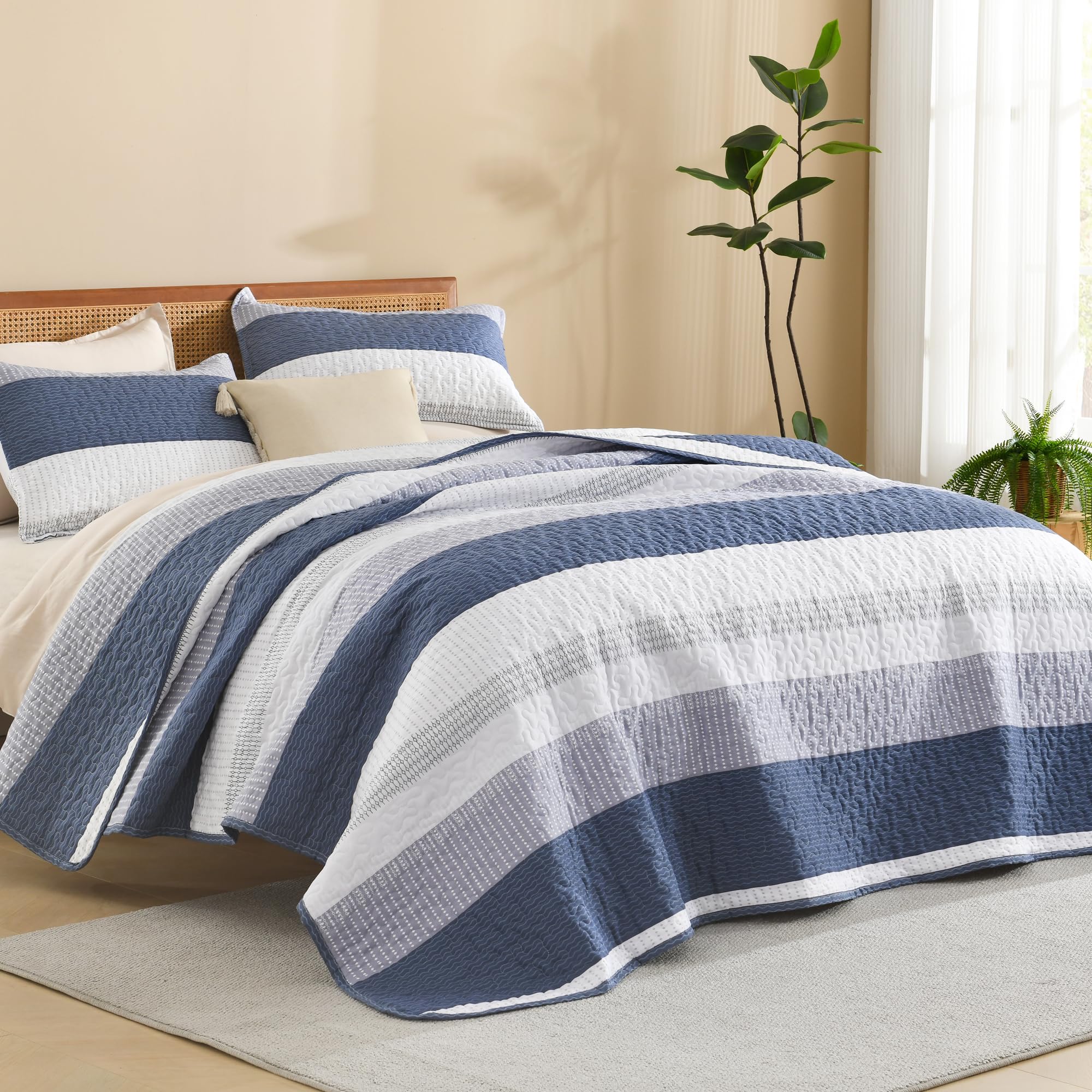 Litanika Oversized King Quilt Set Mineral Blue, 120x120 Stripe Bedspread Coverlet 3 Pieces, Mineral Blue Lightweight Quilted Bedding Set for All Season(Super King-1 Quilt, 2 Pillowcases)