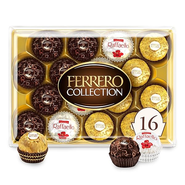 FERRERO COLLECTION, PREMIUM ASSORTED, HAZELNUT, DARK CHOCOLATE AND COCONUT, 16 COUNT HOLIDAY GIFT BOX, 6.1 OZ