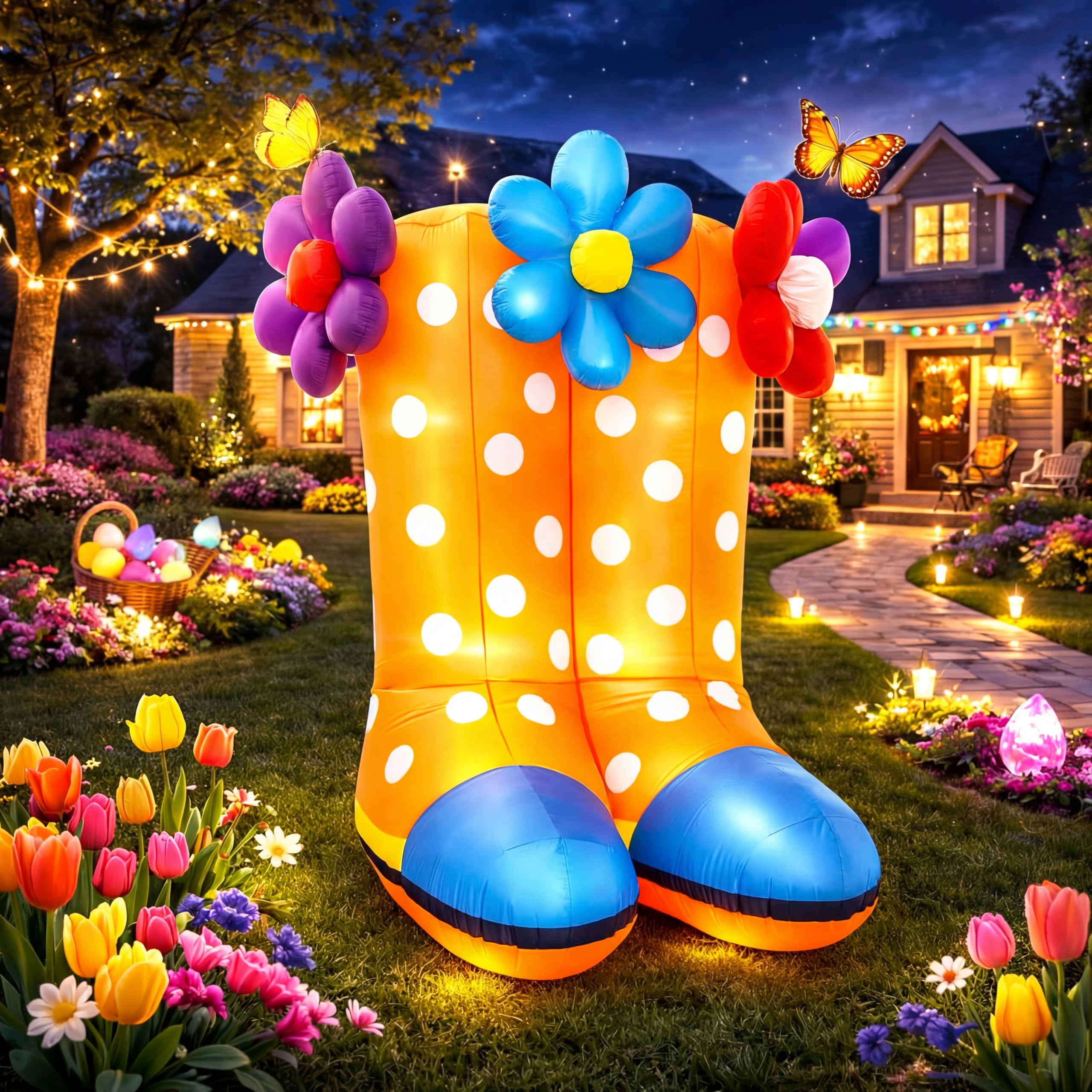 Photo 1 of Leyndo 6 ft Spring Inflatable Easter Inflatables Outdoor Decoration Blow up Boots Flower Decorations, Built-in LED Lights for Spring Summer Outdoor Garden Lawn Yard Party
