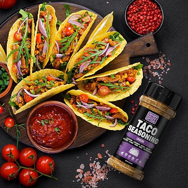 TACO SEASONING MIX ONION POWDER – GLUTEN FREE & LOW SODIUM MEXICAN SEASONING BLEND FOR TACO TUESDAY NIGHT. ONION SALT SPICES MIX FOR FAJITA & BURRITO. MEAT, CHICKEN & FISH TACOS SEASONINGS. 4.7OZ