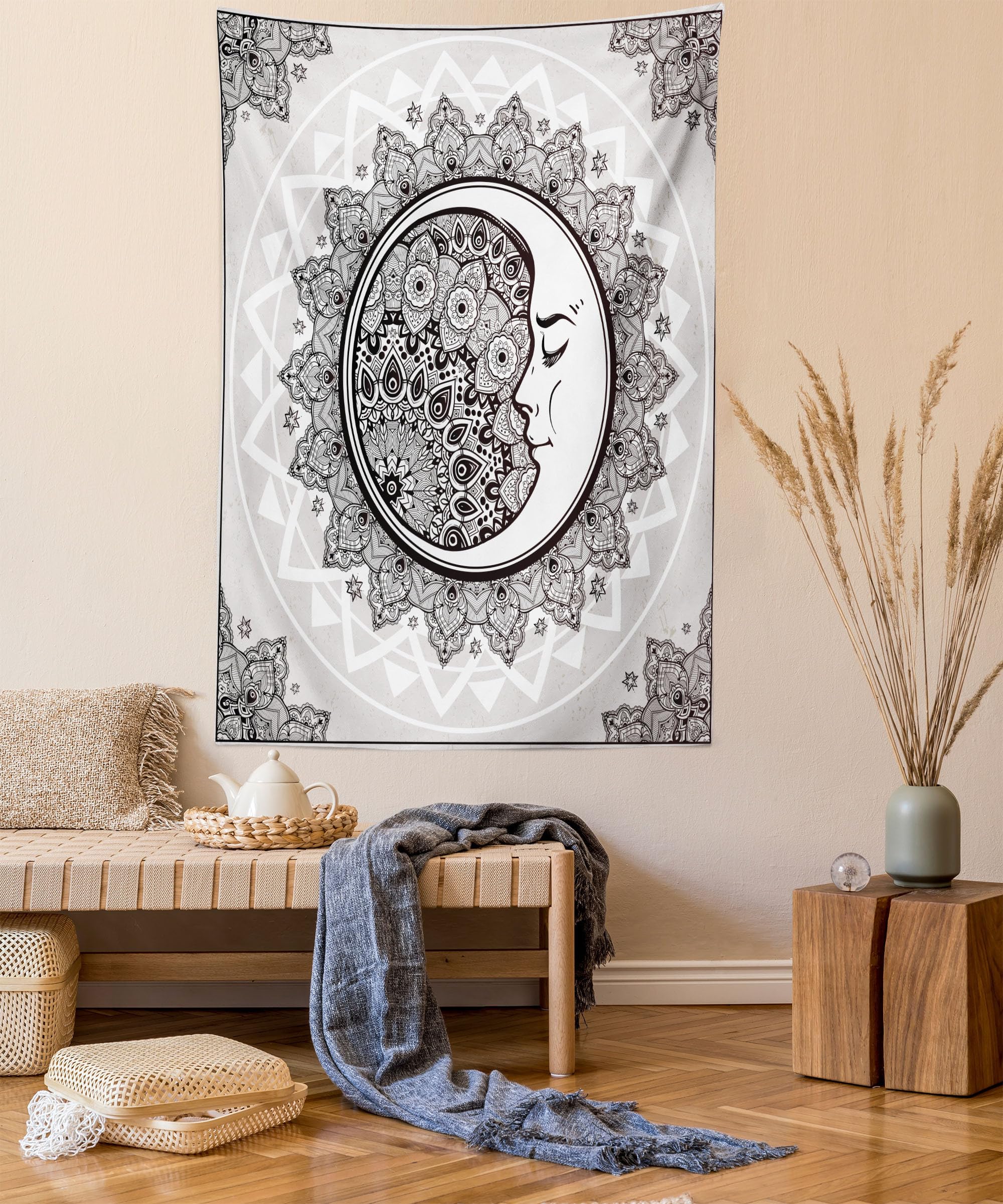 ABAKUHAUS Mystic Tapestry, Ornate Crescent Moon with Stars and Mandala Eastern Graphic, Fabric Wall Hanging Decor for Bedroom Living Room Dorm, 43 W X 58 L, White Beige and Black