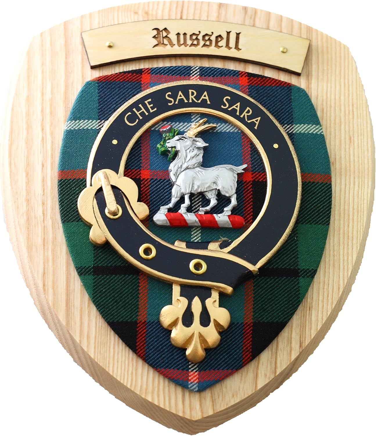 Russell Clan Crest Wall Plaque Light Wood Woodem Wall Plaques
