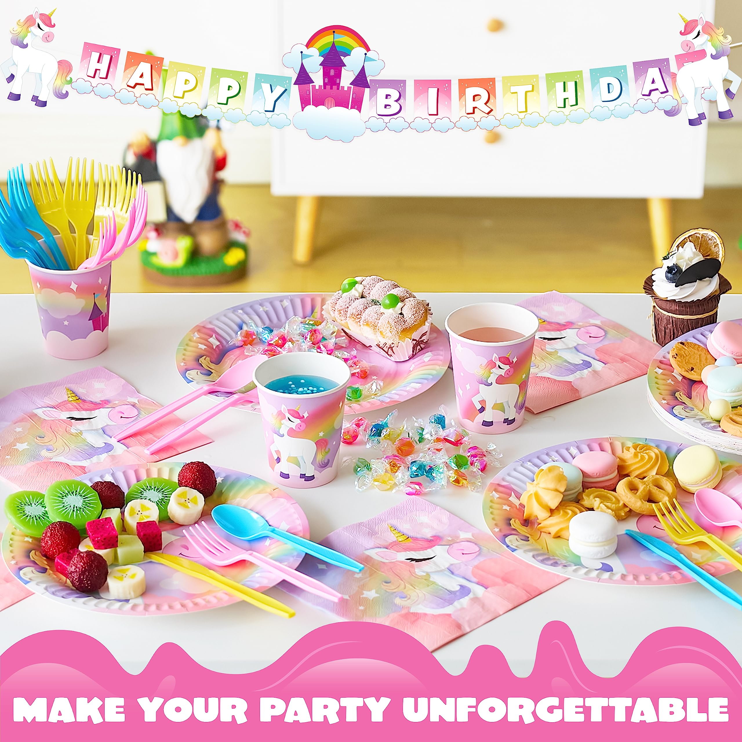 JOYIN 145 Pcs Unicorn Birthday Party Supplies with Unicorn Banner for Girls, 24 Serves Unicorn Disposable Tableware Set with Plates , Cups, Napkins, and Cutlery Sets for Unicorn Themes Party Kids