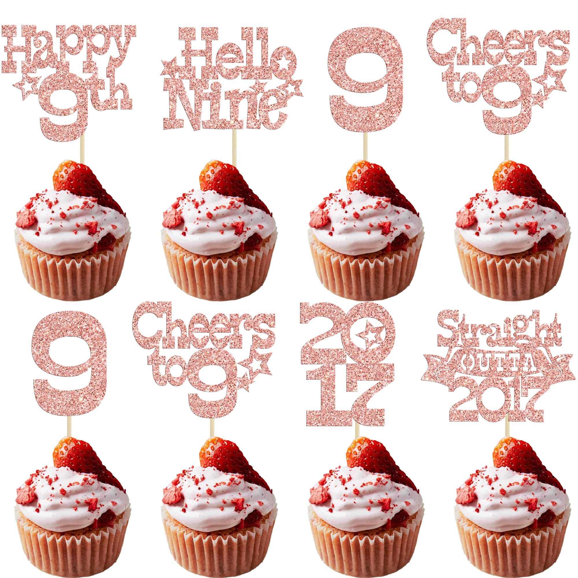 Ephlyn 30Pcs Happy 9th Birthday Cupcake Toppers Glitter Hello Nine Straight Outta 2017 Cupcake Picks Cheers to 9 Years Cake Decorations for 9th Birthday Party Supplies Rose Gold