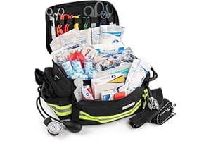 Scherber First Responder Fully-Stocked Professional Essentials EMT/EMS Trauma Kit | HSA/FSA Approved | Reflective Bag w/8 Zippered Pockets & Compartments & 200+ First Aid Supplies - Black