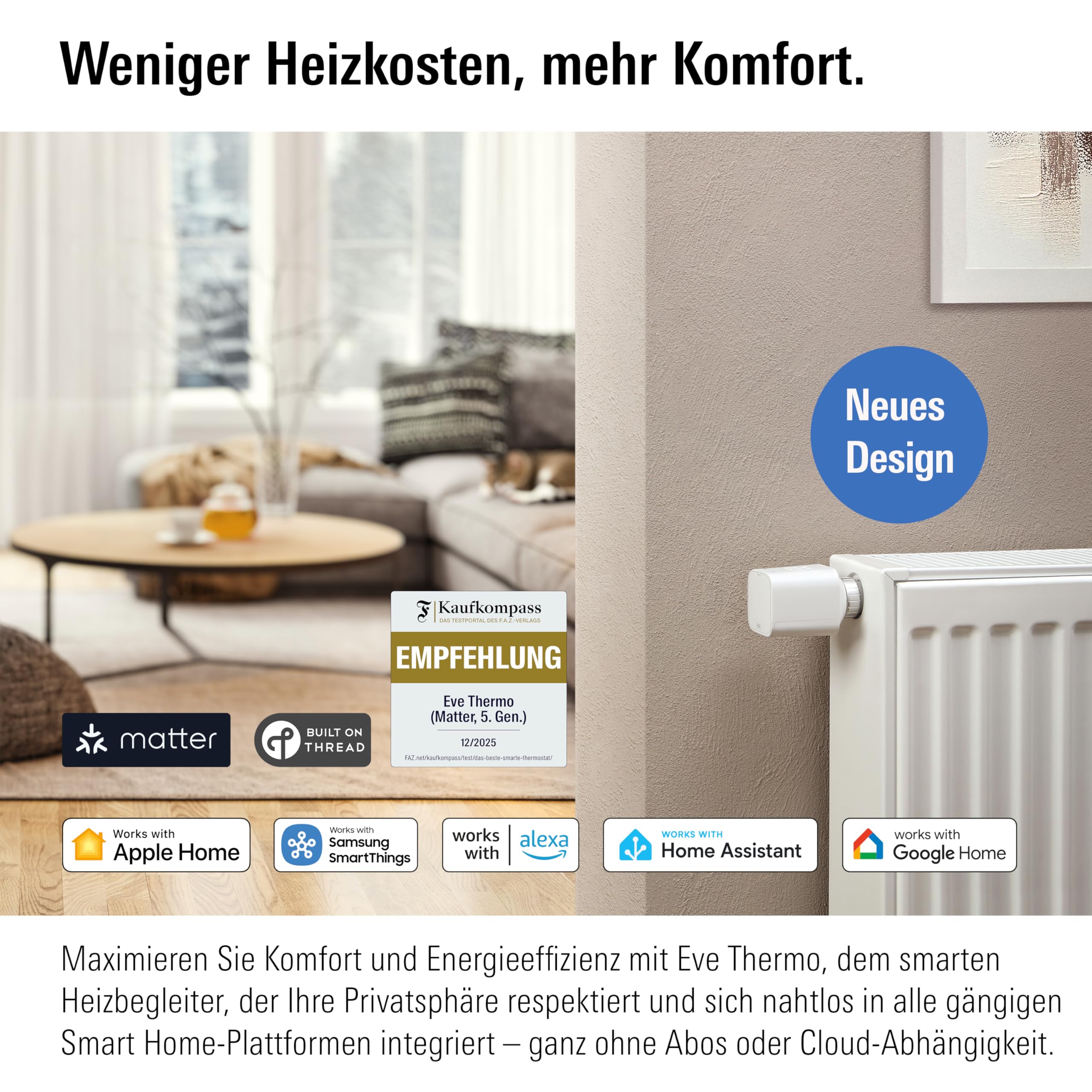 Eve Thermo (Matter, 5. Gen.): Smartes Heizkörperthermostat, Heizkosten sparen, funktioniert mit Alexa, Apple Home, Samsung SmartThings, Google Home, benötigt Thread Border Router 2