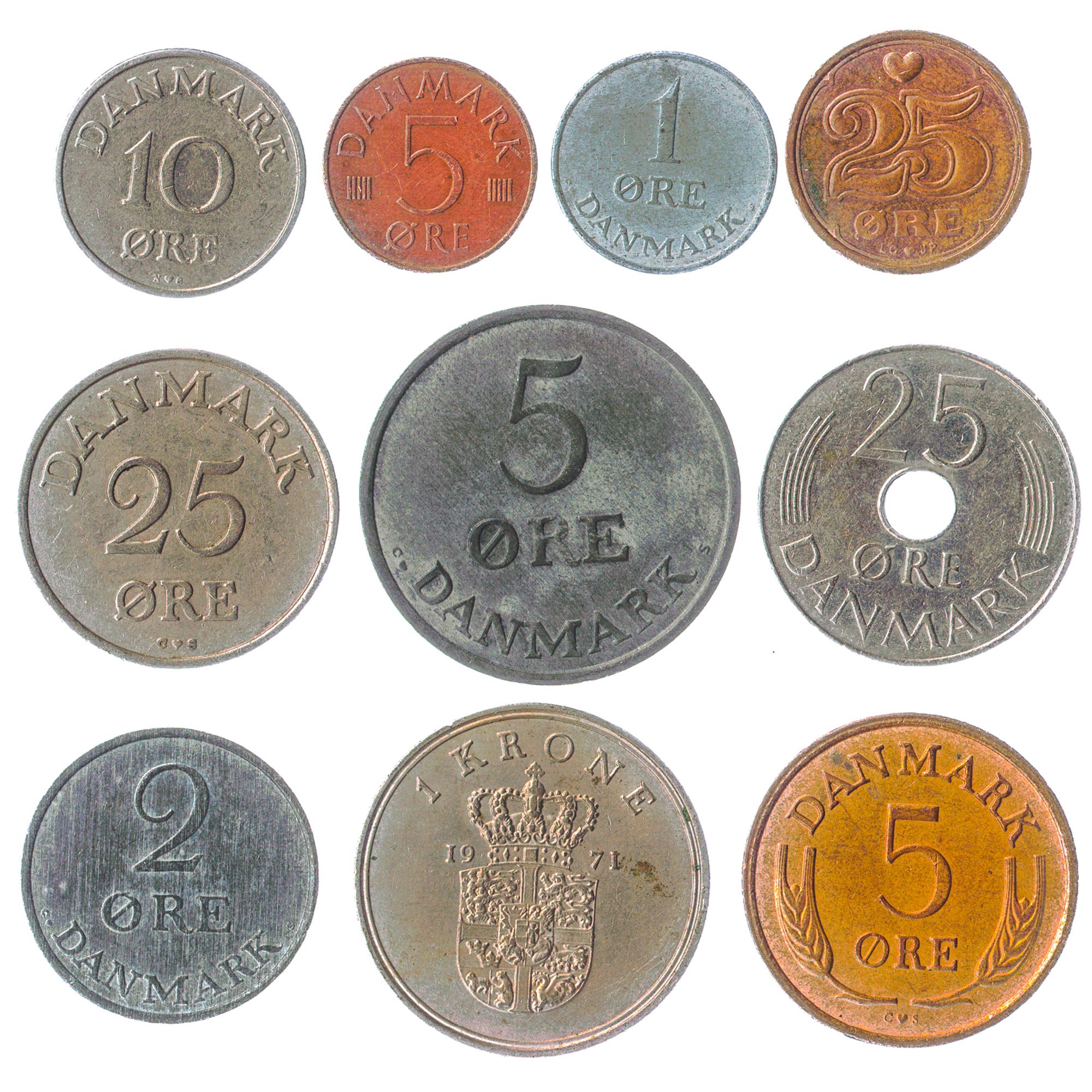 10 Old Coins From Denmark. 10 Collectible Coins Danish Øre Krone. Perfect Choice For Your Coin Bank, Coin Holders And Coin Album