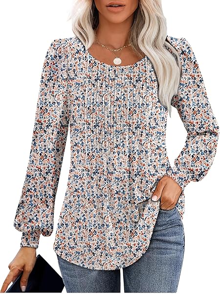 LICEMERE LONG SLEEVE SHIRTS FOR WOMEN FALL FASHION 2025 WOMENS TUNIC TOPS PLEATED CREW NECK PUFF SLEEVE BLOUSES DRESSY CASUAL (FLORAL WHITE,L)