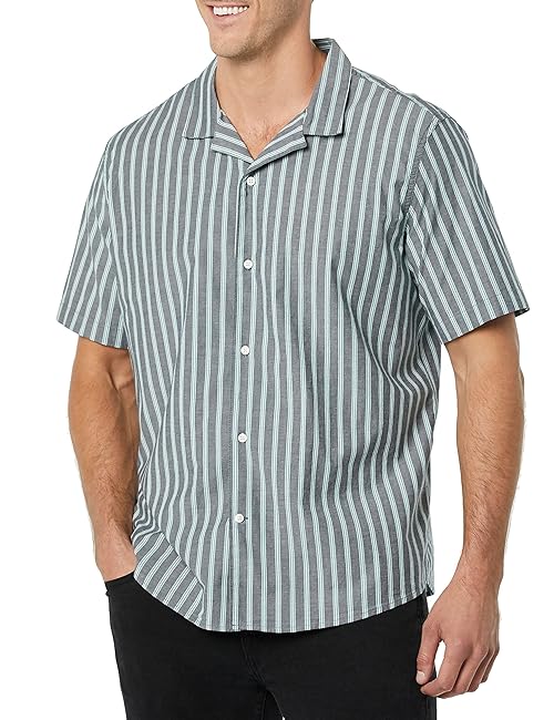 Amazon Essentials Men's Vacation Cotton Button-Down Resort Shirt, Short Sleeve, Blue Stripe, XX-Large