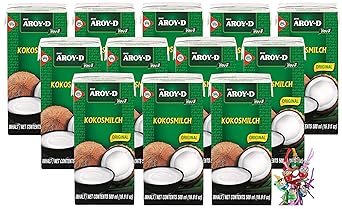 12er Pack - AROY-D Kokosmilch [12 x 500ml] Kokosnussmilch Cocosmilch Coconut Milk + ein kleines Glückspüppchen - Holzpüppchen
