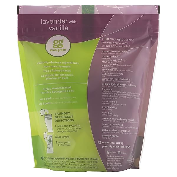 GRAB GREEN NATURAL 3-IN-1 LAUNDRY DETERGENT PODS, LAVENDER WITH VANILLA, 60 LOADS