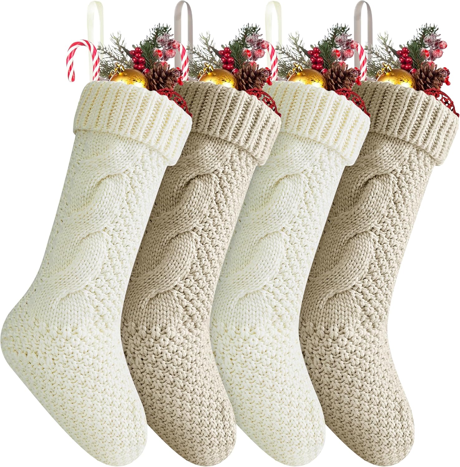 Stockings & Holders - Fesciory Christmas Stockings 4 Pack, 18 Inches Large Size Twist Knitted Stockings Gifts for Xmas Family Holiday Party Decorations, Ivory White&Khaki