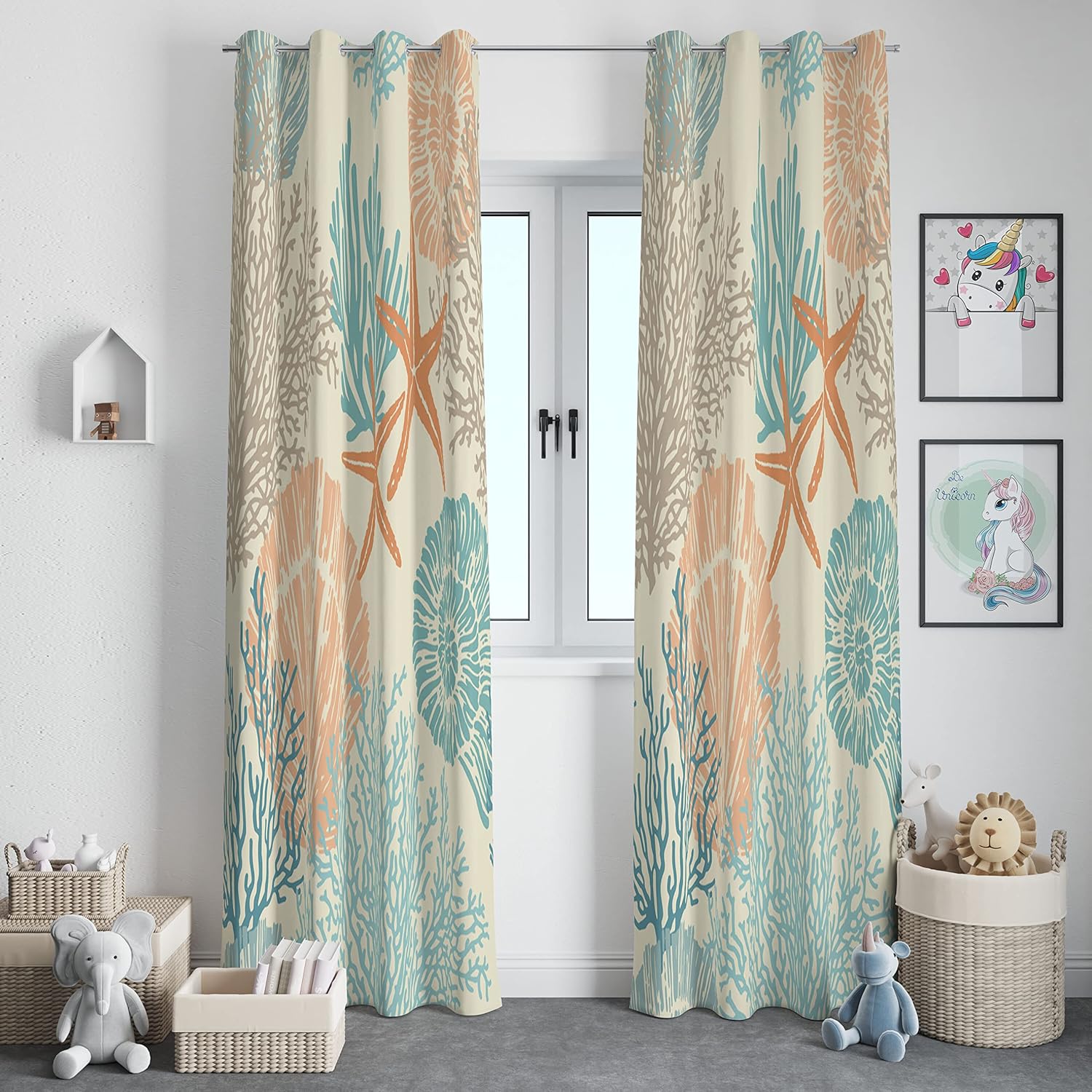 Outdoor Curtains - Llylumty Sea Animals Window Drapes Grommet Drapes Nautical Beach Sea Shells Satrfish Themed,Grommet Blackout Curtain for Living Room, Bedroom 26x84in,2 Panel Set, 52x84in