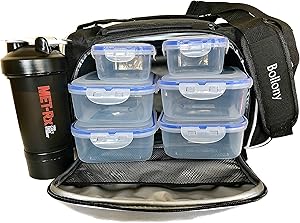 Meal Prep Lunch Bag For Men and Women, Insulated Lunch Box With 6 Stackable Food Portion Containers Reusable, Gym lunch bag Shaker Bottle With Storage and Shoulder Strap.