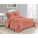 Fancy Linen 3pc Embossed Coverlet Bedspread Set Oversized Bed Cover Solid Modern Squared Pattern New # Jenni (King/California King, Coral)