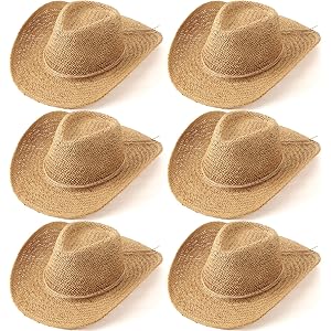 Bunnycool 6 Pack Straw Cowboy Hats Bulk for Men Women Hand Woven Straw Hat | Brown Shapeable Wide Brim Western Cowgirl Hat, B