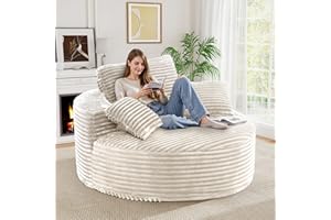 Luxanimarion 55''L 3.5CM Corduroy Single Foam Sofa, Oversized Round Chair with Pillows, Modern Sleeper for Living Rooms, Lounges, Nurseries and Projection Rooms, Wide-Arm Lounge Chair Armchair, Beige