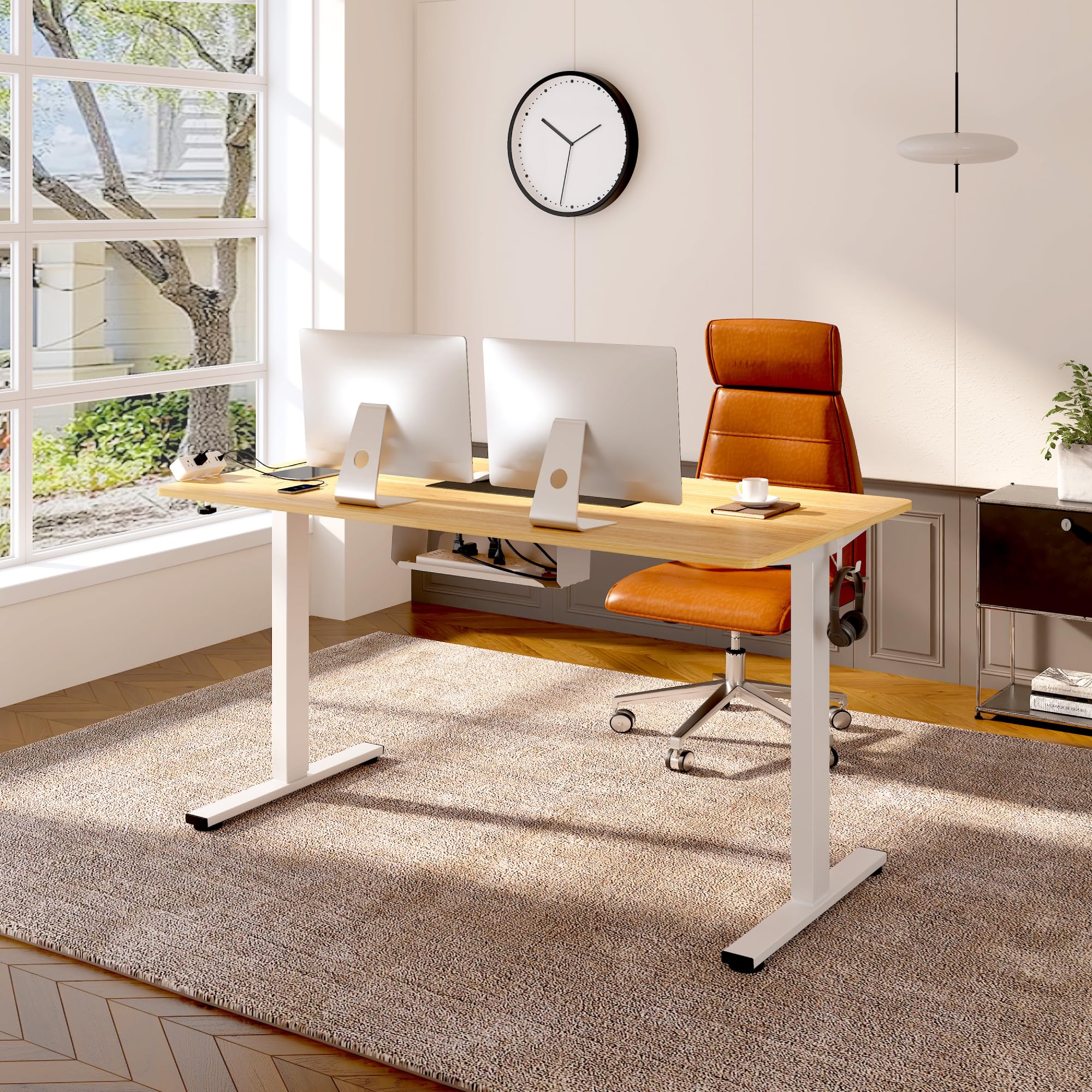 FLEXISPOT EN2 Whole-Piece Standing Desk with Clamp Power Strip, 55 x 28 Electric Stand Up Height Adjustable Desk with Cable Management (White Frame + 55