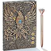 fengco Vintage 3D Phoenix Embossed Leather Writing Journal with Diamond Pen Set,A5,200Pages,Antique Handmade Daily Notepad Sketchbook,Travel Diary&Notebook to Write in,for Women Men