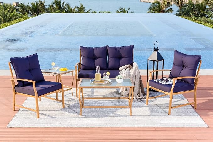 Amazon Com Solaura Patio Outdoor Furniture Bistro Set 5 Piece Conversation Set Brown Metal Frame Cushions Glass Coffee Table Garden Outdoor