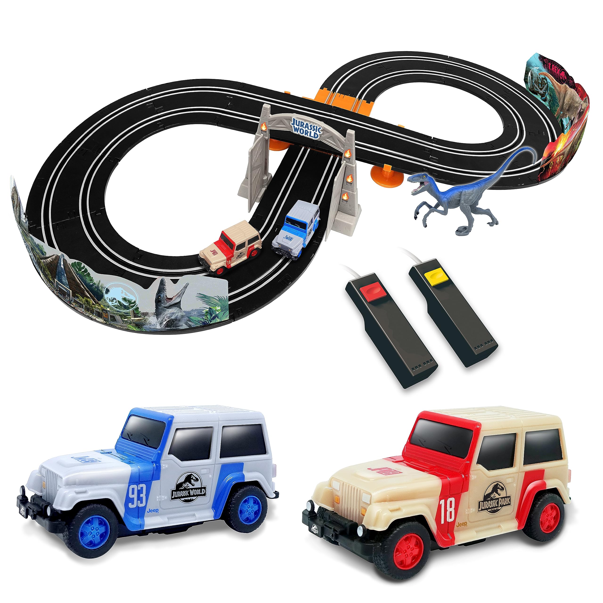 Jurassic World Electric Race Car Track Set 102011JW with 2 x Slot Car, Dinosaur Figure & Accessories, Jurassic Park Kids Toys - 2.4M / 7.9FT Racetrack For Kids (Dino Chase)