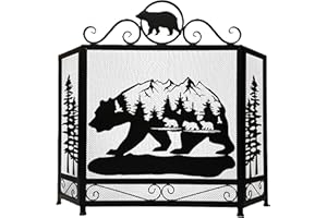 BestGiftEver 3-Panel Fireplace Screen Decorative with Rustic Bear and Mountain Scenery Design - Stand Alone Fireplace Cover Metal Mesh Screen - Home Decorative Firescreen for Cabin Lodge Forest Theme