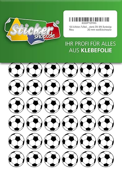 135 Aufkleber, Fußball, Sticker, 20 mm, weiß/schwarz, aus PVC, Folie, bedruckt, selbstklebend, EM, WM, Bundesliga