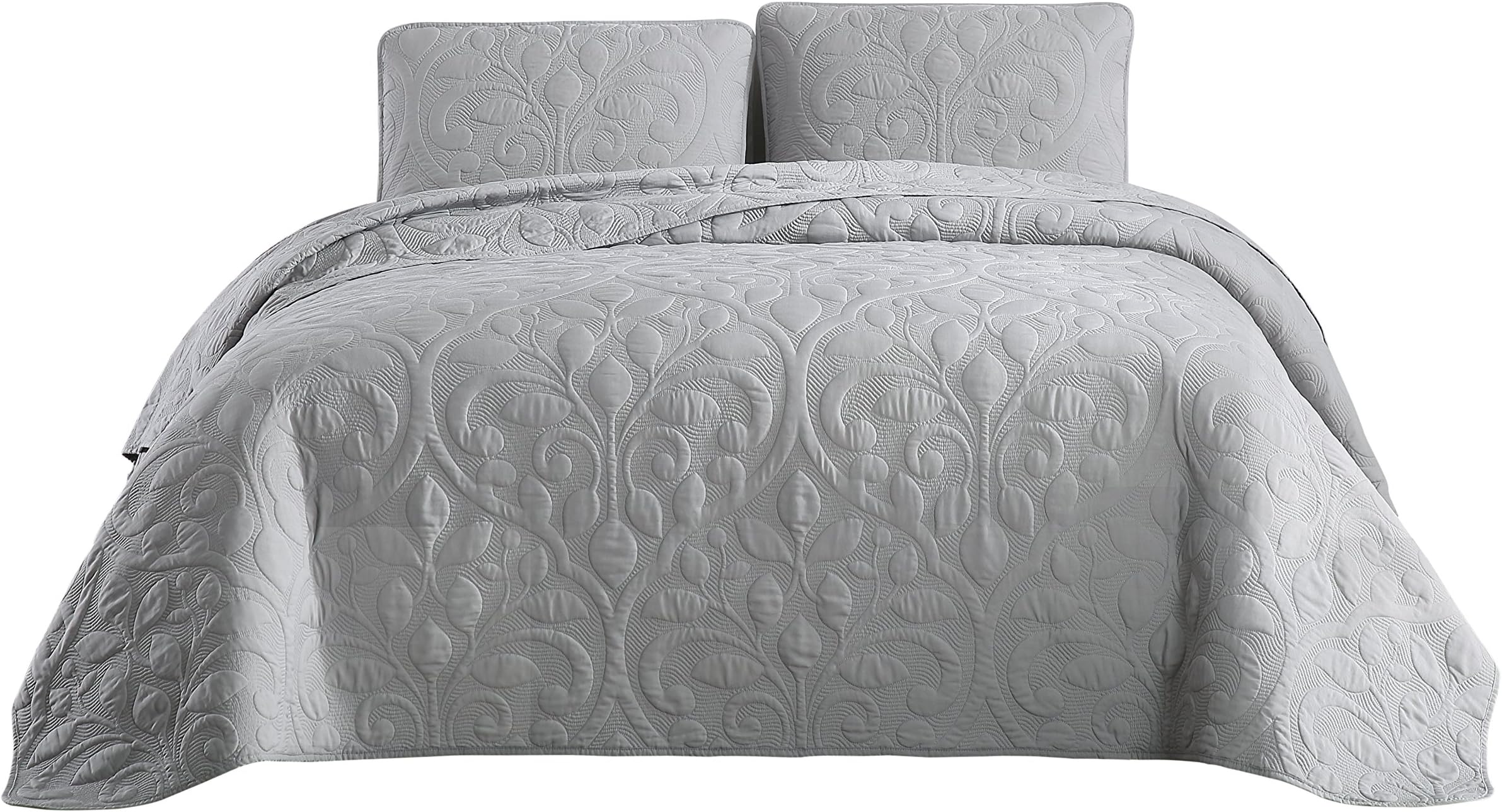 Cozy Beddings Tesla 3pc Rayon Bamboo Brushed Microfiber Bedspread Coverlet Set| L.Grey | King/Cal-King