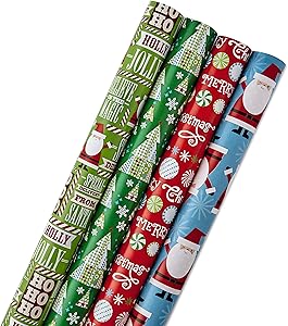 Hallmark Reversible Christmas Wrapping Paper Bundle, Santa and Trees (Pack of 4, 150 sq. ft. ttl.)