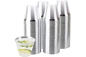 PLASTICPRO 9 oz Disposable Plastic Party Cups,Old fashioned Designed Tumblers, Crystal Clear (Clear With Silver Rim, 200)