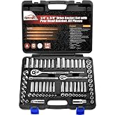 EPAuto 69 Pieces 1/4-Inch &amp; 3/8-Inch Drive Socket Set, Pear Head Ratchet | Chrome (92-824)