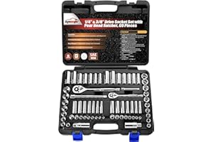 EPAuto 1/4-Inch & 3/8-Inch Drive Socket Set with Pear Head Ratchet Mechanic Tools, Chrome, 69 Pieces