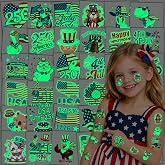 108PCS 4th of July Temporary Tattoos Kids, 250th Anniversary USA Glow in the Dark Fourth of July Birthday Decorations for Patriotic Party Favors, Red White and Blue Accessories Gifts Independence Day