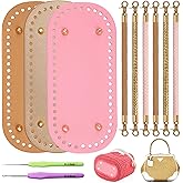 Coitak 3+6 PCS Bag Bases for Crochet with Braided Purse Handles for Bag Making, 2 PCS Crochet Hooks, 3 Colors Leather Purse Bottoms for Crocheting, 12 Inch Handbag Handles (Pink, Gold, Khaki)