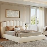 Glirun Queen Size Cloud Bed Frame with Headboard, Upholstered Platform Bed with Velvet Finish, Sturdy Metal Slat Support, Noi