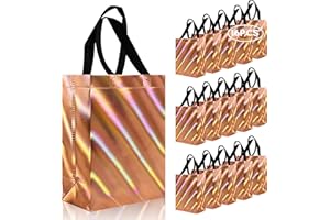 cabzymx 16 Pcs Small Holiday Gift Bags Bulk, Rose Gold Reusable Gift Bags with Twill Laser Surface, Unique Non-woven Goodie Bags for Birthday, Wedding, Valentines, Parties, Easter- 8x3.9x9.8 In