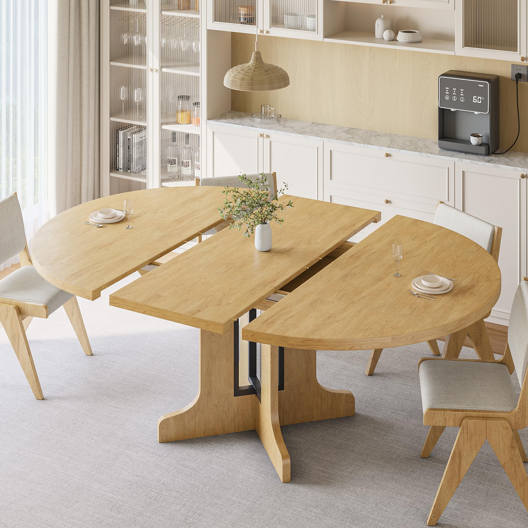 Photo 1 of  ** ONLY TABLE** MISSING PARTS** iPormis 59" Round Extendable Dining Table for 4-6, Modern Kitchen Table with Heavy Duty Pedestal Base & Wooden Top, Oval Dining Room Table for Dining Living Room, Easy Assembly, Oak
