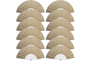 SIISSAPEKSID 12 Pack Handheld Fan,Folding Hand Glitter Fan with Shining Transparent Fan Rib – Ideal for Wedding, Church, Festival, Dance, Tea Party, Club, and EDM Accessories, Light Gold
