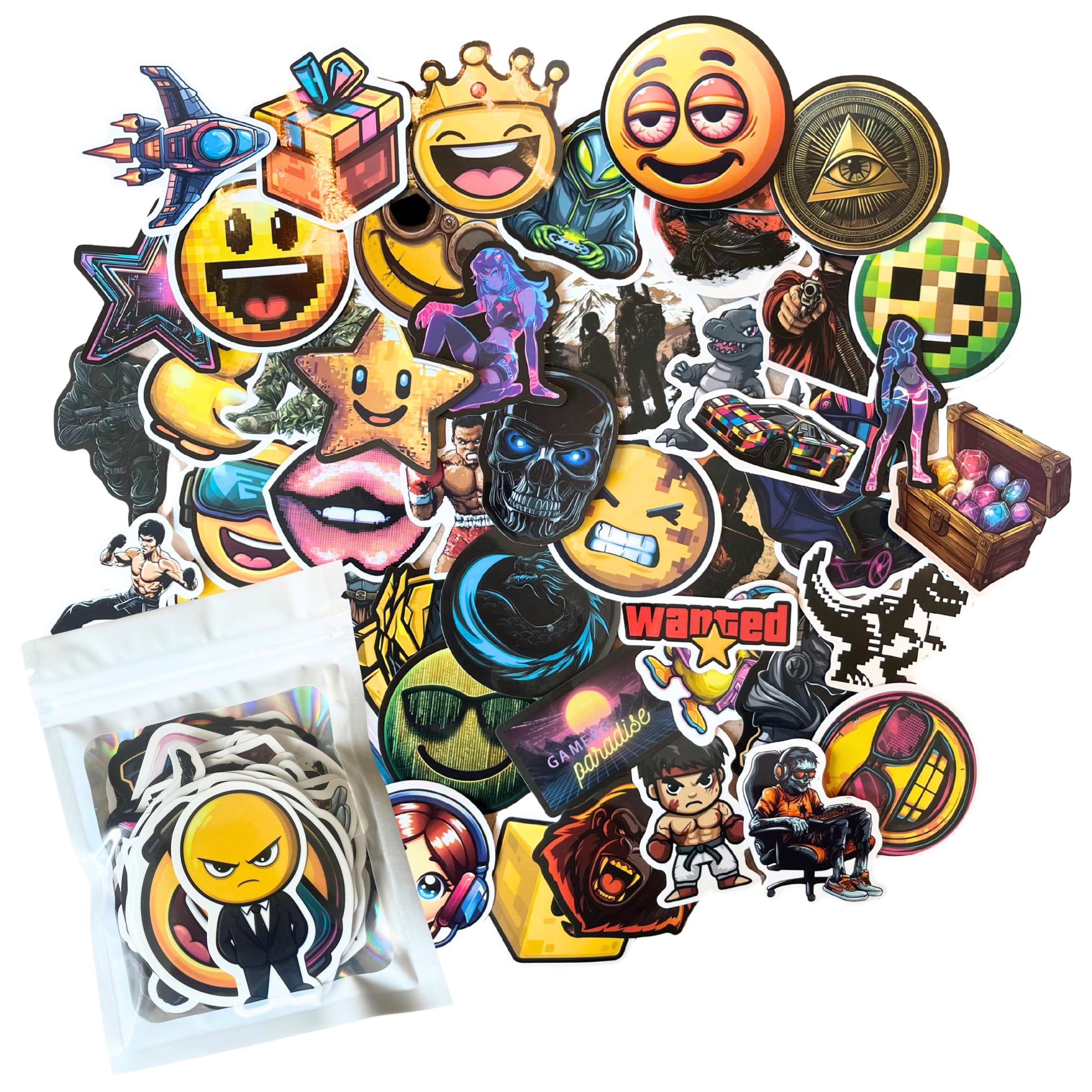 HNTR® Skateboard Stickers Aesthetic | 50 Cool Stickers with Neon, Smiley Faces & Retro Designs | Signature Scrapbook Sticker Pack for Adults & Boys — image 1