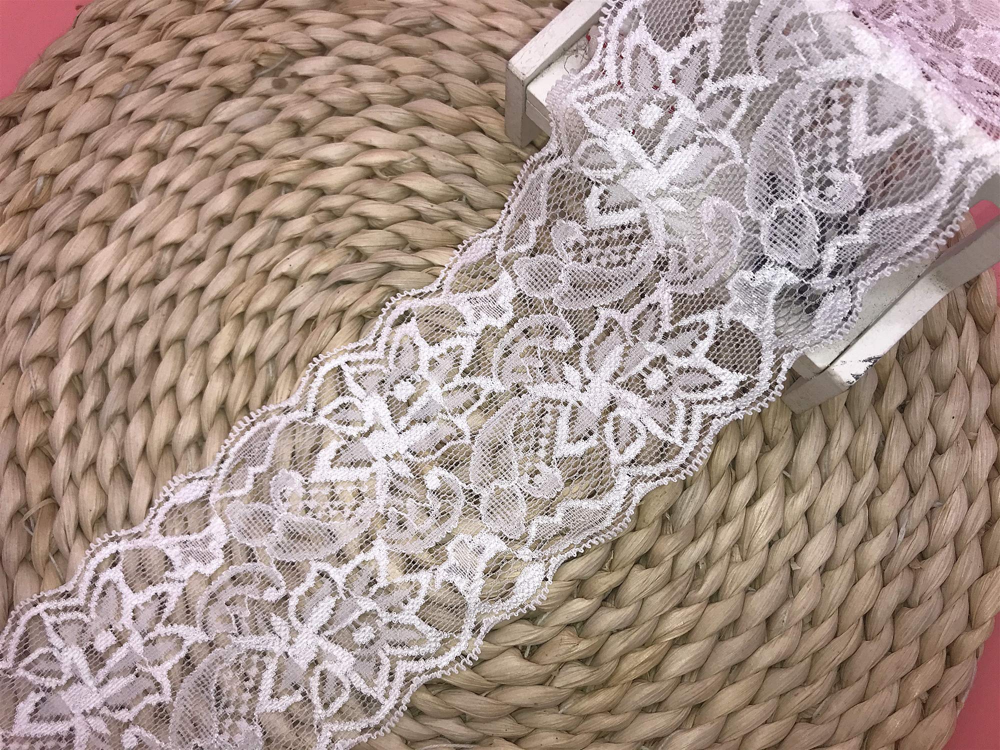 8CM Width Europe Belt Pattern Elastic Nylon Lace Trim,Curtain Tablecloth Slipcover Bridal DIY Clothing/Accessories.(5 Yards in one Package) (White)