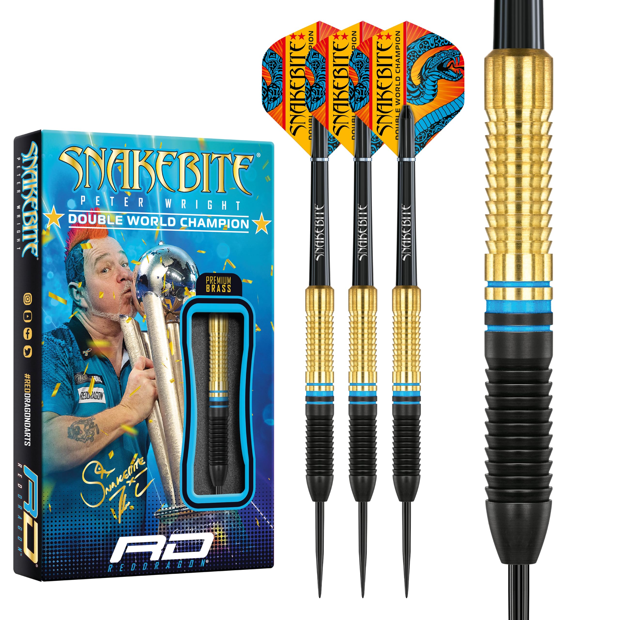 RED DRAGON Peter Wright Snakebite 21G Steel Tip Brass Darts Set with Dart Flights and Dart Shafts (Stems)