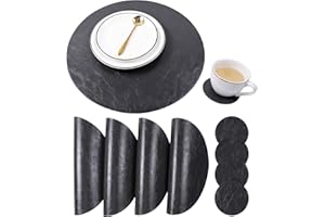 JOVONO Set of 4 Round Placemats and Coasters, 4 Table Mats and 4 Coasters, Double Stitched Faux Leather, Easy to Clean, Diameter 13'' and 3.9''