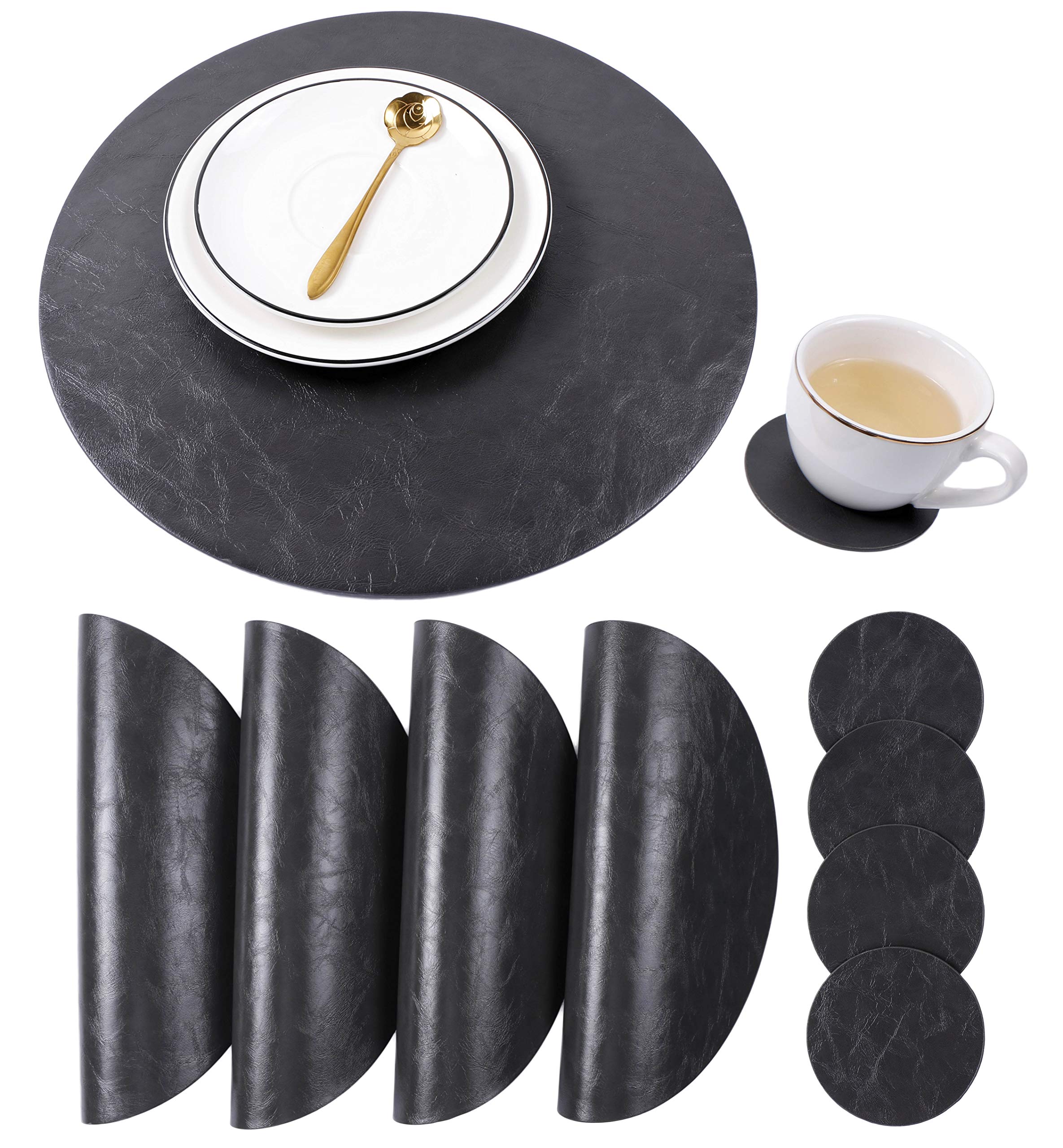 Jovono Set of 4 Round Placemats and Coasters, Faux Leather Table Mats and Desk Coasters, Plate mat Easy to Clean for Round Dining Rable, Diameter 13'' and 3.9'' Gray