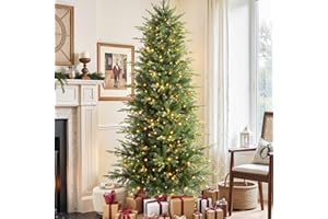 SHareconn 7ft Prelit Aspen Noble Fir Artificial Fake Hinged Christmas Tree with Remote Control,Timer Pre-Lit 370 Warm White &