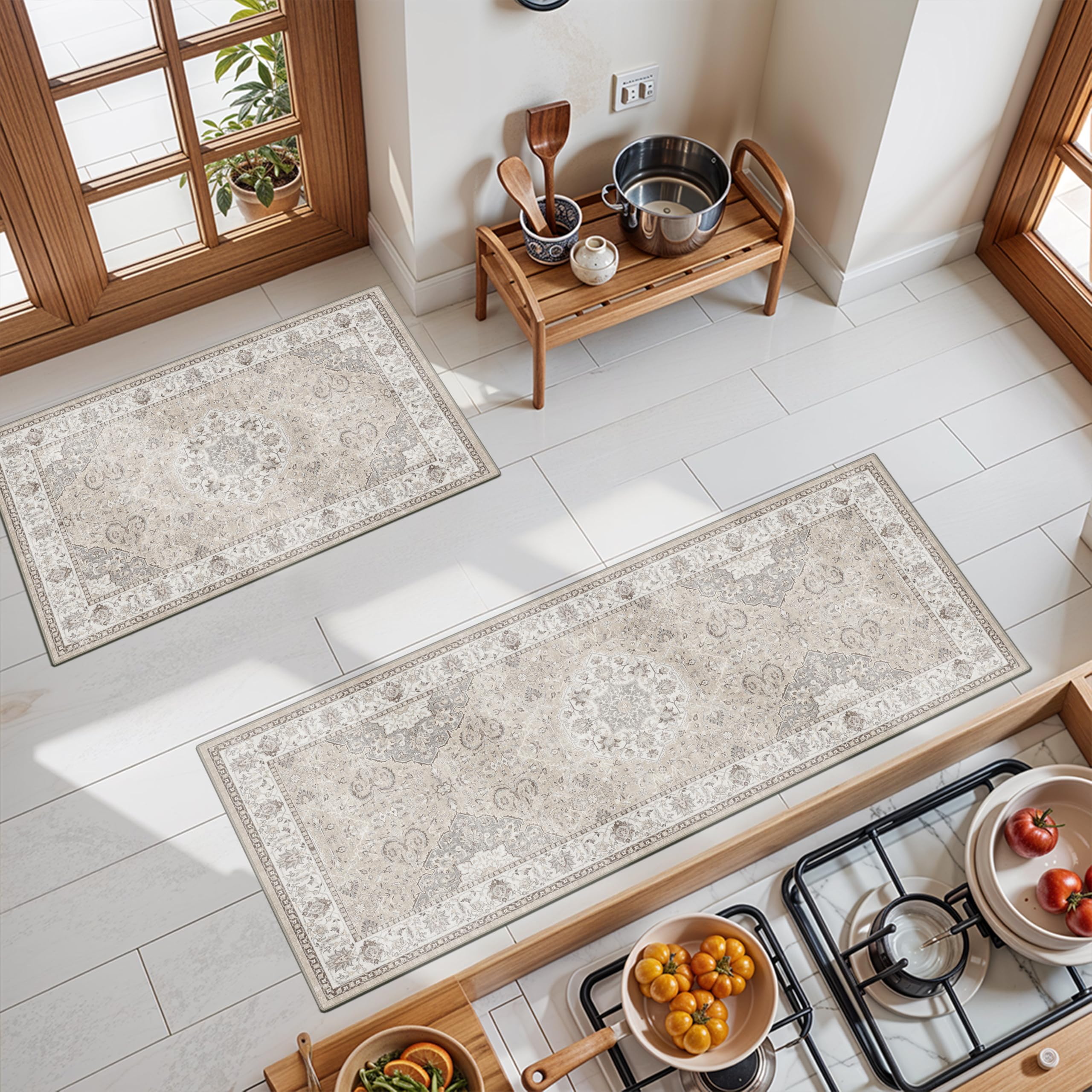 Photo 1 of 2-Piece Kitchen Runner Rug Set: Washable Non-Slip Floor Mats for Sink & Stove Cooking Area Soft Low Pile Water-Resistant Carpet for Dishwasher Fridge Fronts Durable Kitchen Island Mats(2x3+2x4,Beige)